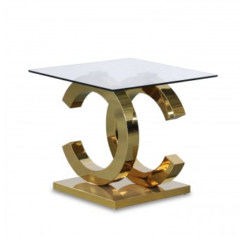 Mesa auxiliar Zeka cristal templado base acero oro brillo detalle forma letra c