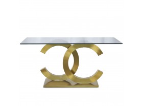 Mesa comedor Zeka cristal templado base acero oro mate detalle forma letra c
