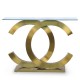 Consola Zeka cristal templado base acero oro mate detalle forma letra c