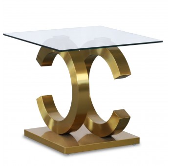 Mesa auxiliar Zeka cristal templado base acero oro mate detalle forma letra c