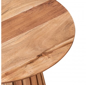 Mesita auxiliar Alora madera acacia marrón redonda detalle base tablillas