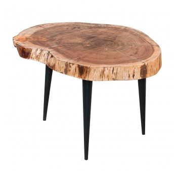 Mesa auxiliar Arbal madera acacia marrón 3 patas negras detalle tronco árbol