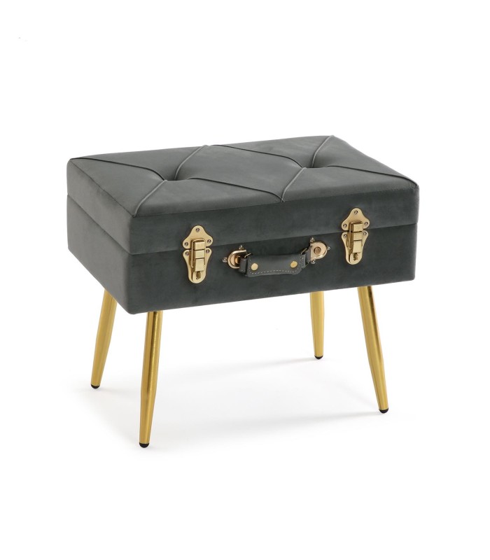 Taburete maleta Saburo terciopelo gris oscuro metal dorado 50x34x42