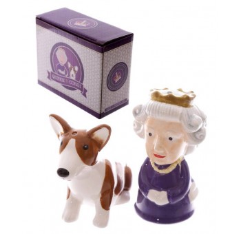 Salero y pimentero Reina de Inglaterra con mascota