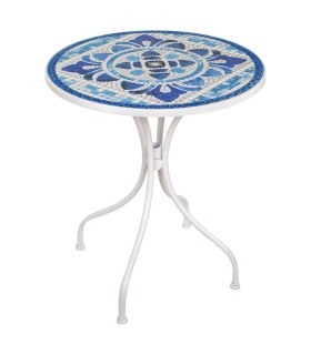 Mesa redonda mosaico 61x61x70 blanca y azul