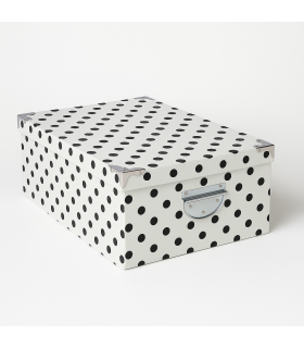 Caja con asas metálicas rayas blanca topos negros