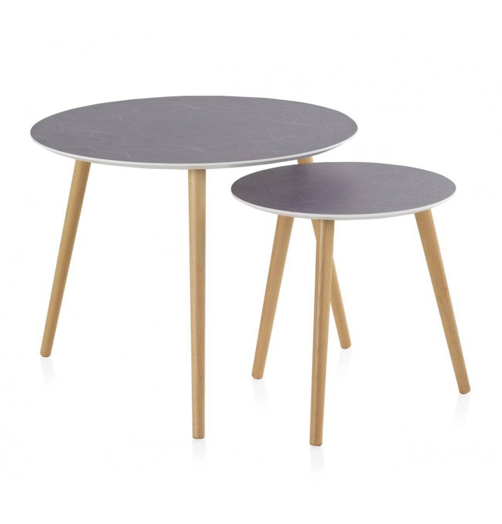 Set 2 mesas redondas auxiliares grises patas madera