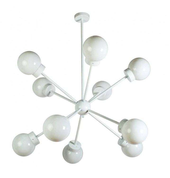 Lámpara techo Atomo Decó 10 brazos metal blanco globos cristal traslúcidos