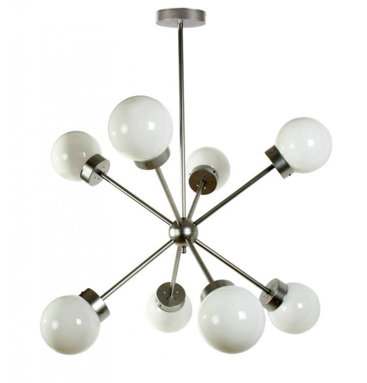 Lámpara techo Atomo Decó 8 brazos metal plata globos cristal traslúcidos