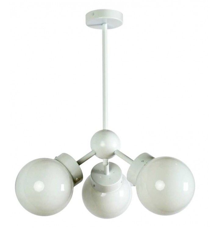 Lámpara techo Atomo Decó 3 brazos metal blanco globos cristal traslúcidos