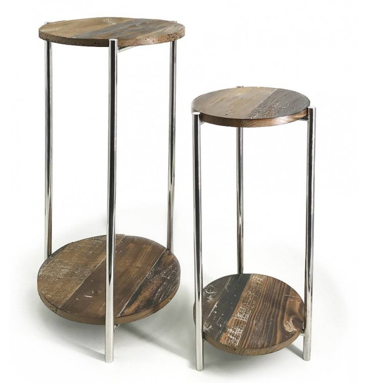 Set 2 mesas auxiliares redondas madera abeto patas acero inoxidable