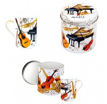 Taza mug en caja metal redonda diseño instrumentos musicales