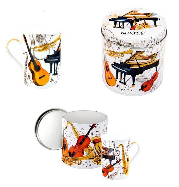 Taza mug en caja metal redonda diseño instrumentos musicales